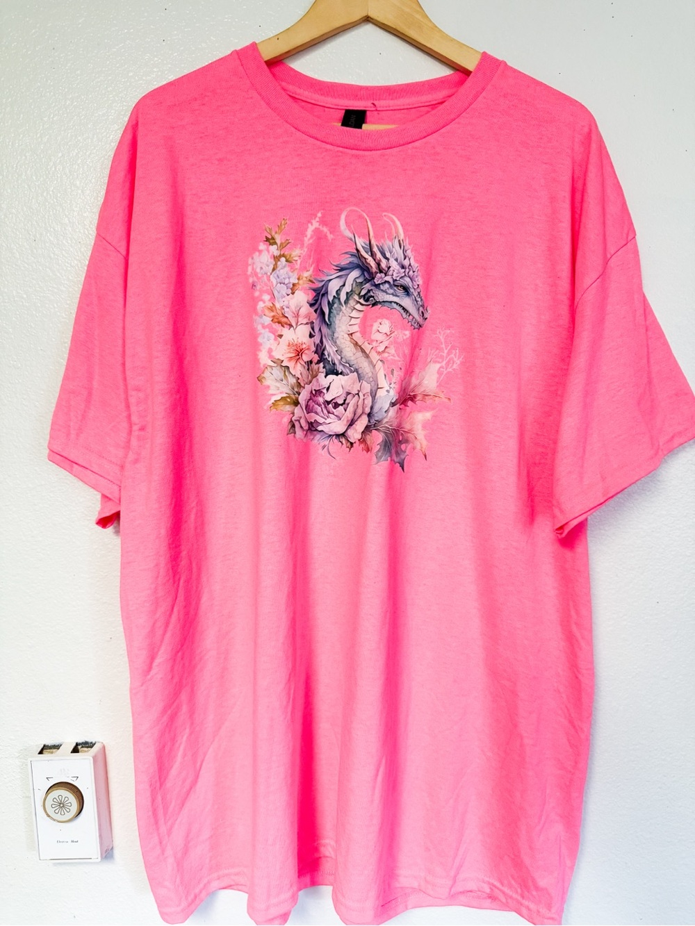 Neon Pink Dragon Floral Graphic Festival Tee 2X Y2K Fantasy Fairycore
